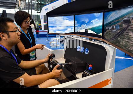 (171013) -- SHENZHEN, 13 octobre 2017 -- Un visiteur essaie un simulateur de vol à la 5e exposition internationale de formation au vol AOPA à Shenzhen, dans la province du Guangdong du sud de la Chine, le 13 octobre 2017. L'exposition de 3 jours a débuté ici vendredi. ) (zkr) CHINE-SHENZHEN-AOPA-EXPOSITION (CN) MaoxSiqian PUBLICATIONxNOTxINxCHN Banque D'Images