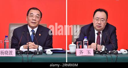 (171019) -- PÉKIN, 19 octobre 2017 -- photo combinée montrant Yang Xiaodu (L), secrétaire adjoint de la Commission centrale d'inspection de la discipline du Parti communiste chinois (PCC), et Qi Yu, chef adjoint du Département de l'Organisation du Comité central du PCC, s'exprimant lors d'une conférence de presse tenue par le centre de presse du 19e Congrès national du PCC à Beijing, capitale de la Chine, le 19 octobre 2017.) (RY) (CPC)CONGRÈS NATIONAL CHINE-PÉKIN-CPC CONFÉRENCE DE PRESSE (CN) LIXXIN PUBLICATIONXNOTXINXCHN Banque D'Images