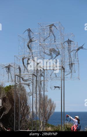 (171022) -- SYDNEY, le 22 octobre 2017 -- Un visiteur prend des photos sur la plage de Bondi à Sydney, Australie, le 22 octobre 2017. Sculpture by the Sea, la célèbre exposition annuelle d art en plein air de l Australie, a célébré son 21e anniversaire cette année. (swt) AUSTRALIE-SYDNEY-SCULPTURES BaixXuefei PUBLICATIONxNOTxINxCHN Banque D'Images