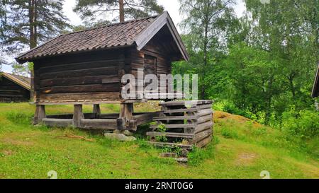 Bâtiment historique, Telemark, Norvège. Prairie, herbe, ciel bleu, village Banque D'Images