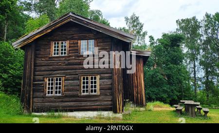 Bâtiment historique, Telemark, Norvège. Prairie, herbe, ciel bleu, village Banque D'Images