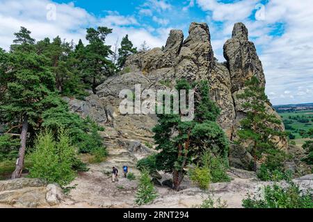 Formation rocheuse Drei Zinnen, aussi appelée Hamburger Wappen, Teufelsmauer près de Timmenrode, Harz Mountains, Saxe-Anhalt, Allemagne Banque D'Images