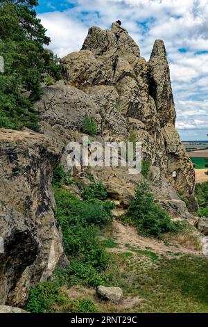 Formation rocheuse Drei Zinnen, aussi appelée Hamburger Wappen, Teufelsmauer près de Timmenrode, Harz Mountains, Saxe-Anhalt, Allemagne Banque D'Images