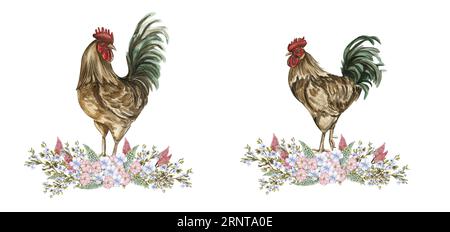 Composition de fleurs d'aquarelle et de coq. Illustration dessinée à la main d'une ferme. Parfait pour invitation de mariage, carte de voeux, affiches. Banque D'Images