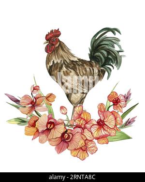 Composition de fleurs d'aquarelle et de coq. Illustration dessinée à la main d'une ferme. Parfait pour invitation de mariage, carte de voeux, affiches. Banque D'Images