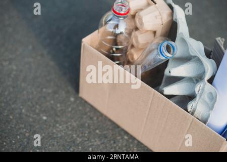 Les cartons d'oeufs de bouteille en plastique recyclent la boîte en carton Banque D'Images