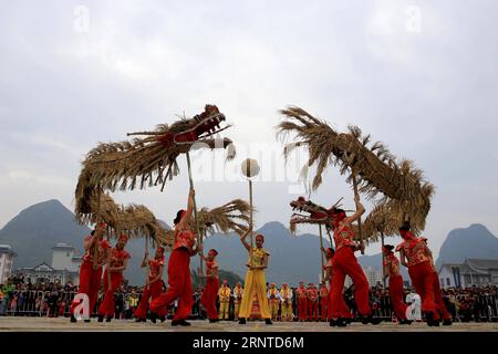 (171107) -- HECHI, 7 novembre 2017 -- les participants participent à un concours de danse du dragon sur gazon dans le comté autonome de Mulao de luocheng, dans la région autonome de Guangxi Zhuang, dans le sud de la Chine, le 6 novembre 2017. La population locale s'est réunie pour célébrer le traditionnel terme solaire du début de l'hiver, qui tombe le 7 novembre cette année. ) (Ry) CHINE-GUANGXI-LUOCHENG-HERBE DRAGON DANSE (CN) LongxTao PUBLICATIONxNOTxINxCHN Banque D'Images