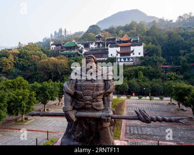 171108 -- CHONGQING, 8 novembre 2017 -- une photo aérienne prise le 7 novembre 2017 montre le temple Zhang FEI et la statue de Zhang FEI dans le comté de Yunyang de la municipalité de Chongqing, au sud-ouest de la Chine. Le temple Zhang FEI a été construit à l'origine en l'honneur du général Zhang FEI pendant la période des trois royaumes 220-280 sur la rive du fleuve Yangtsé. L'ancien temple a été déplacé ici et rouvert en 2003, à environ 32 kilomètres de son site d'origine, car l'ancien site a été submergé après que le fleuve Yangtsé a été endigué aux trois Gorges. wf CHINA-CHONGQING-ZHANG FEI TEMPLE CN LiuxChan PUBLICATIONxNOT Banque D'Images