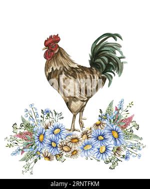 Composition de fleurs d'aquarelle et de coq. Illustration dessinée à la main d'une ferme. Parfait pour invitation de mariage, carte de voeux, affiches. Banque D'Images