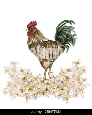 Composition de fleurs d'aquarelle et de coq. Illustration dessinée à la main d'une ferme. Parfait pour invitation de mariage, carte de voeux, affiches. Banque D'Images