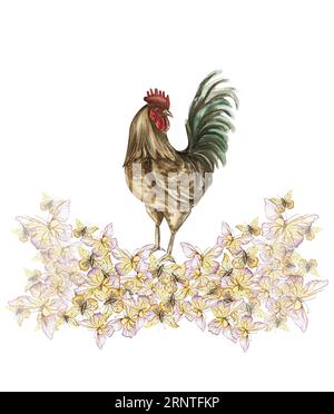 Composition de fleurs d'aquarelle et de coq. Illustration dessinée à la main d'une ferme. Parfait pour invitation de mariage, carte de voeux, affiches. Banque D'Images