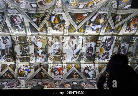 (171113) -- NEW YORK, 13 novembre 2017 -- Un visiteur regarde une reproduction photographique des peintures sur le plafond Sixtine de Michel-Ange lors de l'exposition Michelangelo : Devine Draftman and Designer qui s'est tenue au Metropolitan Museum of Art de New York, aux États-Unis, le 13 novembre 2017. L'exposition, qui dure du 13 novembre 2017 au 12 février 2018, présente une gamme étonnante et un nombre d'œuvres de Michelangelo Buonarroti: 133 de ses dessins, trois de ses sculptures en marbre, sa première peinture, son modèle architectural en bois pour une voûte de chapelle, ainsi qu'un important corps de complementa Banque D'Images