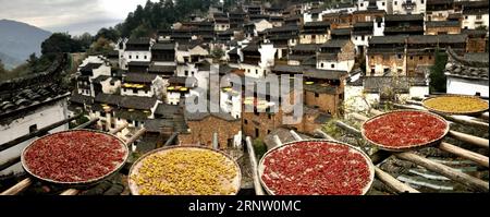 (171126) -- WUYUAN, 26 novembre 2017 -- une photo prise le 26 octobre 2017 montre des maisons anciennes à Wuyuan, dans la province du Jiangxi de l est de la Chine. Wuyuan, un comté de l'est de la Chine aimé par beaucoup pour sa beauté pastorale, trouve une nouvelle façon de donner une nouvelle vie à des maisons séculaires qui sont tombées en ruine. Les gens peuvent adopter ces bâtiments délabrés et les faire rénover car de nombreux propriétaires manquent de fonds ou de compétences. Certains ont été repensés en hôtels-boutiques élégants recherchés par les voyageurs de partout au pays. Wuyuan a plus de 4 000 maisons anciennes, beaucoup construites sur une période de 600 ans, jusqu'au Banque D'Images