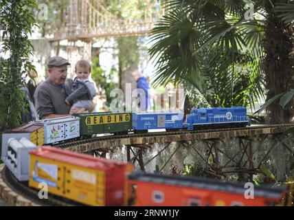 (171128) -- NEW YORK, 28 novembre 2017 -- les visiteurs observent un train miniature pendant le Holiday train Show au jardin botanique de New York, aux États-Unis, le 28 novembre 2017. Le Holiday train Show ouvre ses portes au public du 22 novembre 2017 au 15 janvier 2018, présentant environ 150 monuments New-yorkais faits de pièces d'usine et de trains miniatures à grande échelle. US-NEW YORK-TRAIN SHOW WangxYing PUBLICATIONxNOTxINxCHN Banque D'Images