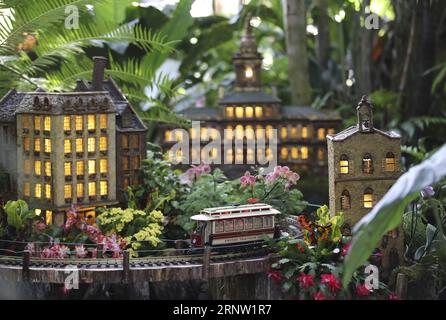 (171128) -- NEW YORK, 28 novembre 2017 -- Un train miniature passe devant les maquettes de l'hôtel de ville de New York (C) et d'autres sites historiques lors du Holiday train Show au jardin botanique de New York, aux États-Unis, le 28 novembre 2017. Le Holiday train Show ouvre ses portes au public du 22 novembre 2017 au 15 janvier 2018, présentant environ 150 monuments New-yorkais faits de pièces d'usine et de trains miniatures à grande échelle. US-NEW YORK-TRAIN SHOW WangxYing PUBLICATIONxNOTxINxCHN Banque D'Images