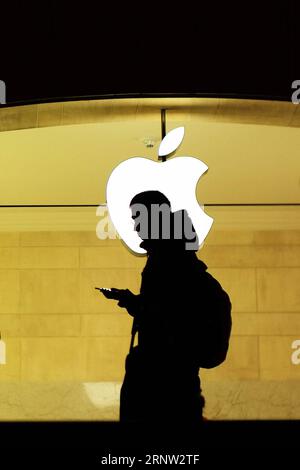 (171201) -- NEW YORK, 1 décembre 2017 -- Un homme vérifie son téléphone à l'Apple Store à l'intérieur du Grand Central terminal à New York, États-Unis, 30 novembre 2017. Le géant américain de la haute technologie Apple Inc. Jeudi a lancé l'application innovante Apple Heart Study, le premier logiciel de son genre sur un appareil mobile qui utilise le capteur de fréquence cardiaque de l'Apple Watch pour collecter des données sur les rythmes cardiaques irréguliers et avertir les utilisateurs susceptibles de présenter des rythmes cardiaques anormaux. )(yk) U.S.-NEW YORK-APPLE-HEART DISEASE LixMuzi PUBLICATIONxNOTxINxCHN Banque D'Images