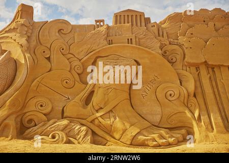 Sondervig, Danemark, 21 mai 2023 : Sand Sculpture Festival. Talon d'Achille Banque D'Images