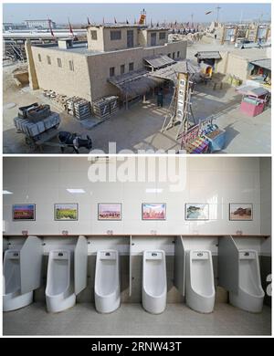 (171203) -- YINCHUAN, 3 décembre 2017 -- une photo combinée montre la scène extérieure (en haut) et la scène intérieure (en bas) d'une toilette publique au West China film Studio dans la ville de Yinchuan, capitale de la région autonome hui de Ningxia, dans le nord-ouest de la Chine, le 28 novembre 2017. Près de 300 millions de yuans (45,4 millions de dollars américains) ont été dépensés pour installer ou rénover 481 toilettes sur les sites touristiques de Ningxia depuis 2015. (Ry) CHINA-NINGXIA-YINCHUAN-TOILS (CN) WangxPeng PUBLICATIONxNOTxINxCHN Banque D'Images