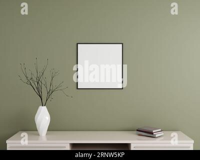 Affiche noire carrée minimaliste ou maquette de cadre photo sur le mur avec livre et décoration. rendu 3d. Banque D'Images