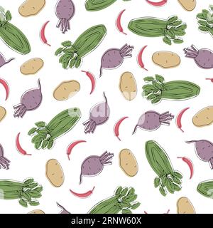 Fond alimentaire. Doodle Vegetables modèle sans couture. Illustration vectorielle sur fond blanc. Illustration de Vecteur