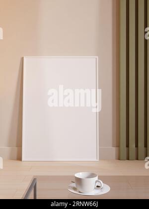Affiche blanche verticale moderne et minimaliste ou maquette de cadre photo appuyée contre le mur de la pièce. rendu 3d. Banque D'Images