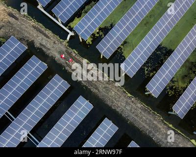 (171209) -- CHANGXING, 9 décembre 2017 -- une photo prise le 8 décembre 2017 montre des panneaux photovoltaïques dans le village de Gulong, dans le canton de Hongqiao, dans le comté de Changxing, dans la province du Zhejiang de l est de la Chine. Le projet photovoltaïque, qui couvre une superficie de 485 mu (32 hectares) avec une production énergétique estimée à 19 millions de kwh chaque année, a commencé à alimenter le réseau local. (dhf) CHINE-ZHEJIANG-ÉNERGIE SOLAIRE-ÉLECTRICITÉ (CN) XuxYu PUBLICATIONxNOTxINxCHN Banque D'Images