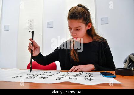 (171211) -- PARIS, 11 décembre 2017 -- Une fille pratique la calligraphie chinoise au siège de l'Organisation des Nations Unies pour l'éducation, la science et la culture (UNESCO) à Paris, France, le 11 décembre 2017. L'exposition de calligraphie cursive de Zhang Xuguang qui aspire à la paix a débuté ici lundi. Environ 50 pièces de calligraphie chinoise de Zhang Xuguang accueillent les visiteurs jusqu'au 16 décembre.) FRANCE-PARIS-UNESCO-EXPOSITION DE CALLIGRAPHIE CHINOISE CHENXYICHEN PUBLICATIONXNOTXINXCHN Banque D'Images