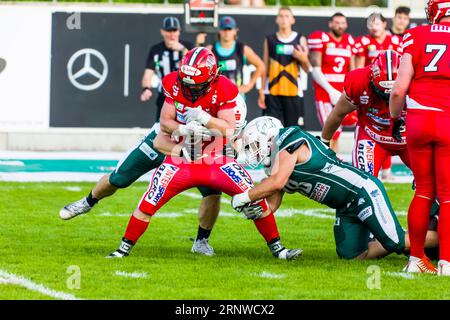 Erima GFL / Ligue allemande de football, jeu : Schwäbisch Hall Unicorns - Marburg mercenaires dans l'Optima Sportpark à Schwaebisch Hall Allemagne sur 02. 09. 2023, Marburg Mercenaries/ # 18 Odin Detroy crédit : Frank Baumert/Alamy Live News Banque D'Images