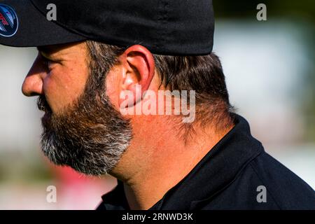 Erima GFL / Ligue allemande de football, jeu : Schwäbisch Hall Unicorns - Marburg mercenaires dans l'Optima Sportpark à Schwaebisch Hall Allemagne sur 02. 09. 2023 , Schwaebisch Hall Unicorns / entraîneur-chef Christian Rothe. Crédit : Frank Baumert/Alamy Live News Banque D'Images