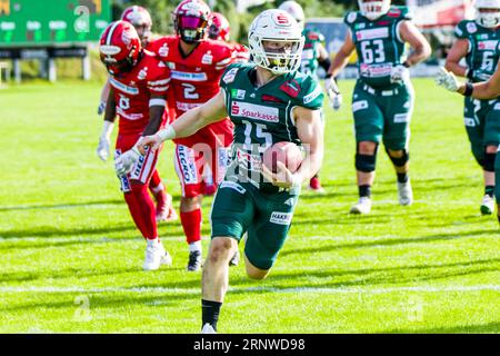 Erima GFL / Ligue allemande de football, jeu : Schwäbisch Hall Unicorns - Marburg mercenaires dans l'Optima Sportpark à Schwaebisch Hall Allemagne sur 02. 09. 2023, RB # 15 Lars Kozlowski/ Schwaebisch Hall Unicorns. Crédit : Frank Baumert/Alamy Live News Banque D'Images