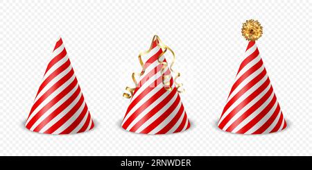 Ensemble d'icônes de chapeau d'anniversaire Vector 3D réaliste rouge et blanc isolé sur fond blanc. Modèle de création de plafond de fête pour bannière de fête, carte de vœux Illustration de Vecteur