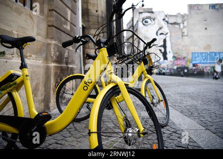 (171221) -- PARIS, 21 décembre 2017 -- la photo prise le 20 décembre 2017 montre des vélos Ofo à Paris, France. Deux semaines après son lancement ici, l un des programmes populaires de partage de vélos en Chine, Ofo, vise à devenir le leader sur le marché en pleine croissance alors que la ville s efforce de promouvoir le transport vert pour réduire les émissions. Les vélos jaunes lumineux de la marque peuvent être trouvés à la fois dans des monuments emblématiques et des coins de rue tranquilles autour de la ville, et gagnent rapidement en popularité parmi les habitants et les touristes.) FRANCE-PARIS-CHINE-PARTAGE DE VÉLOS-OFO CHENXYICHEN PUBLICATIONXNOTXINXCHN Banque D'Images