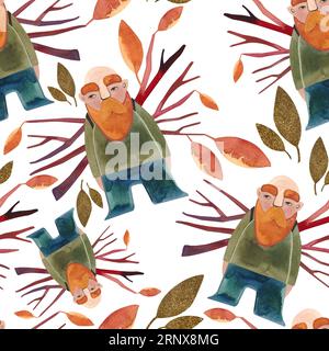 Patern sans couture aquarelle avec gnomes d'automne . Papier d'emballage saisonnier. Illustration raster pour l'emballage, les cartes de voeux, les cadeaux, les affiches dans le Chili Banque D'Images