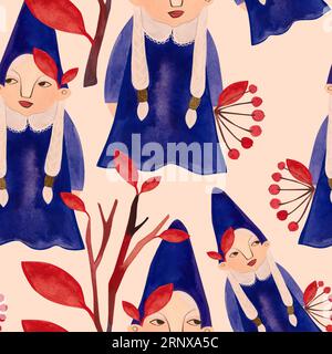 Patern sans couture aquarelle avec gnomes d'automne . Papier d'emballage saisonnier. Illustration raster pour emballages, textiles de maison, décorations et revêtements muraux. Banque D'Images