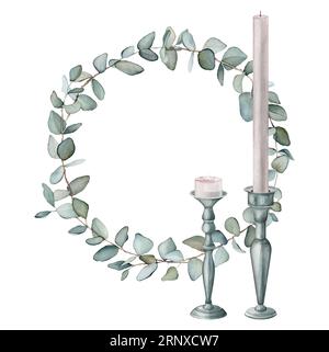 Set de bougies blanches pour Eucalyptus, bouquet dans un vase. Illustration de peinture à la main aquarelle sur fond blanc isolé. Clipart. Aromathérapie et Banque D'Images