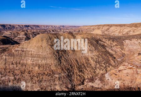 Sur le North Dinosaur Trail de Drumheller, Alberta, Canada, apparaît le canyon Horseshief, avec des vues spectaculaires sur les Badlands canadiens. Banque D'Images