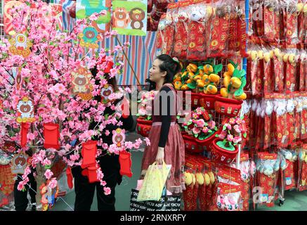 (180211) -- HONG KONG, 11 février 2018 -- les gens choisissent les ornements du nouvel an pour le festival du printemps à venir lors de la foire lunaire du nouvel an 2018 à Victoria Park dans le sud de la Chine, Hong Kong, le 10 février 2018. La foire de sept jours qui a commencé samedi attire un grand nombre de personnes à visiter.) (ly) CHINA-HONG KONG-LUNAR NEW YEAR FESTIVAL-FAIR LixPeng PUBLICATIONxNOTxINxCHN Banque D'Images