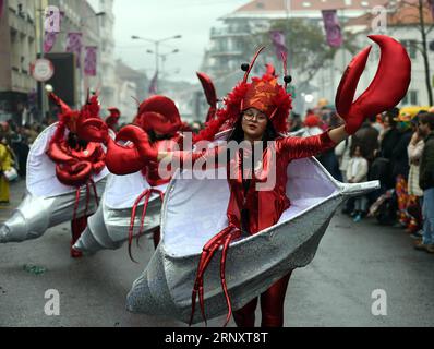 (180212) -- LISBONNE, 12 février 2018 -- les révélateurs vêtus de costumes colorés participent au défilé du carnaval à Torres Vedras, à environ 50 kilomètres au nord de Lisbonne, la capitale portugaise, le 11 février 2018. )(yk) PORTUGAL-TORRES VEDRAS-CARNIVAL ZhangxLiyun PUBLICATIONxNOTxINxCHN Banque D'Images