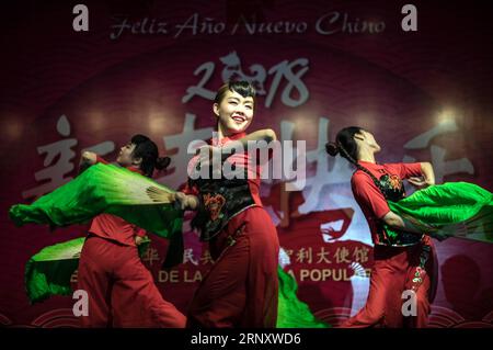 (180214) -- SANTIAGO, le 14 février 2018 -- des danseurs se produisent lors de la réception du nouvel an lunaire chinois à l'ambassade de Chine au Chili, à Santiago, capitale du Chili, le 13 février 2018. Jorge Villegas) (da) (rtg) (gj) CHILI-SANTIAGO-CHINE-NOUVEL AN e JORGExVILLEGAS PUBLICATIONxNOTxINxCHN Banque D'Images