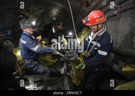 (180219) -- LINGWU, 19 février 2018 -- des travailleurs de la mine de charbon effectuent les travaux d'entretien à la mine de charbon de Qingshuiying dans la ville de Lingwu, dans la région autonome hui de Ningxia, au nord-ouest de la Chine, 18 février 2018. Une équipe spéciale a travaillé dans la mine de charbon de 800 mètres de profondeur pour garantir la sécurité de la production pendant les vacances de la fête du printemps. (zkr) CHINE-NINGXIA-MINE DE CHARBON-TRAVAUX D'ENTRETIEN (CN) WangxPeng PUBLICATIONxNOTxINxCHN Banque D'Images