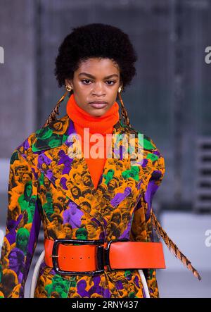 (180226) -- MILAN, le 26 février 2018 -- Un mannequin présente une création de la collection Marni automne/hiver 18/19 pour femme lors de la Fashion week de Milan à Milan, Italie, le 25 février 2018.) (Zxj) ITALIE-MILAN-FASHION-MARNI JinxYu PUBLICATIONxNOTxINxCHN Banque D'Images