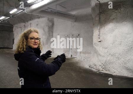 (180301) -- SVALBARD, le 1 mars 2018 -- Lise Lykke Steffensen, directrice du Nordic Genetic Resource Center, Gestures at Svalbard Global Seed Vault on Svalbard, archipel arctique isolé en Norvège, le 27 février 2018. La banque souterraine de semences agricoles en Norvège recevra une subvention de 13 millions de dollars américains pour la mise à niveau alors qu’elle célèbre son 10e anniversaire cette année, a déclaré le gouvernement norvégien. Le Svalbard Global Seed Vault, surnommé le Doomsday et le Noah s Ark Vault, a été créé pour sauvegarder les échantillons de semences de cultures stockés dans d'autres banques de semences à travers le monde. Il est considéré comme étant Banque D'Images