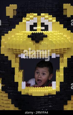 (180317) -- BOGOTA, le 17 mars 2018 -- Un garçon joue avec l'une des figures exposées au LEGO Fun Fest 2018, à Bogota, Colombie, le 16 mars 2018.) (cr) (da) (psw) COLOMBIA-BOGOTA-LEGO FESTIVAL JhonxPaz PUBLICATIONxNOTxINxCHN Banque D'Images