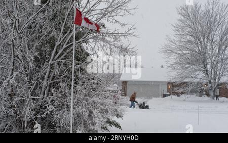 les arbres et le paysage sont couverts de neige fraîchement tombée alors qu'un homme utilise une souffleuse à neige pour dégager un chemin. Banque D'Images