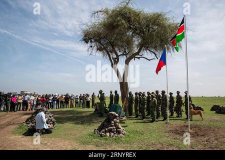 (180331) -- LAIKIPIA (KENYA), 31 mars 2018 -- une photo prise le 31 mars 2018 montre la scène du service commémoratif pour le seul rhinocéros blanc mâle du nord du Soudan restant dans OL Pejeta Conservancy dans le comté de Laikipia, au nord du Kenya. Samedi, les responsables kényans de la protection de la faune et de la flore sauvages ont convergé à OL Pejeta Conservancy, dans le nord du Kenya, où a eu lieu un service commémoratif en l'honneur du seul rhinocéros blanc mâle du nord du dernier monde, affectueusement nommé Soudan. KENYA-LAIKIPIA-MÂLE TARDIF RHINO-SOUDAN-MEMORIAL SERVICE LYUXSHUAI PUBLICATIONXNOTXINXCHN Banque D'Images