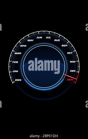 Illustration 3D d'un gros plan détaillé du compteur de vitesse montrant la fin de 2023 et le début de 2024. Compter les mois, temps jusqu'à la nouvelle année Banque D'Images