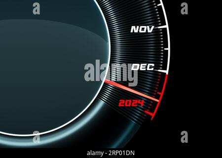 Illustration 3D d'un gros plan détaillé du compteur de vitesse montrant la fin de 2023 et le début de 2024. Compter les mois, temps jusqu'à la nouvelle année Banque D'Images