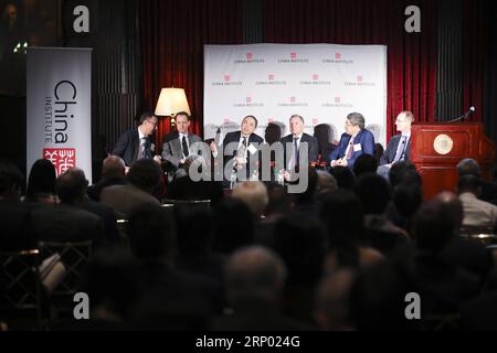 (180413) -- NEW YORK, 13 avril 2018 -- ni PIN (3rd L), président de Wanxiang America Corporation, la branche basée à Chicago de Wanxiang Group Company, prend la parole lors d'une table ronde au Sommet exécutif du China Institute 2018, États-Unis-Chine Business in the New World Order, à New York, États-Unis, le 12 avril 2018. Les États-Unis doivent éviter d'abuser du plaidoyer pour l'examen de la sécurité nationale et assurer des conditions de concurrence équitables et un environnement prévisible pour les investissements des entreprises chinoises dans le pays, ont déclaré les experts ici jeudi. (ZJL) ÉTATS-UNIS-NEW YORK-FORUM-INVESTISSEMENT CHINOIS WANGXYING PUBLICATIO Banque D'Images