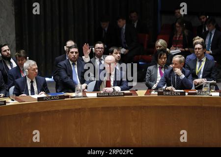 (180414) -- NATIONS UNIES, 14 avril 2018 -- l'ambassadrice de Russie auprès des Nations unies, Vassily Nebenzia (C, Front), vote en faveur d'un projet de résolution sur la Syrie au siège des Nations unies à New York, le 14 avril 2018. Une résolution rédigée par la Russie, qui aurait condamné les frappes militaires contre la Syrie menées par les États-Unis, la France et la Grande-Bretagne, n'a pas été adoptée par le Conseil de sécurité. ONU-CONSEIL DE SÉCURITÉ-SYRIE-PROJET DE RÉSOLUTION-ÉCHEC LIXMUZI PUBLICATIONXNOTXINXCHN Banque D'Images