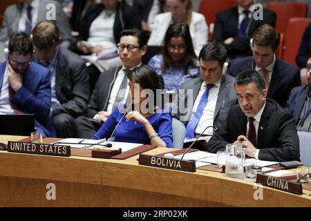 (180414) -- NATIONS UNIES, 14 avril 2018 -- l'ambassadeur bolivien auprès des Nations unies, Sacha Llorenti (R, Front), s'adresse à une réunion d'urgence du Conseil de sécurité sur la Syrie au siège des Nations unies à New York, le 14 avril 2018. Une résolution rédigée par la Russie, qui aurait condamné les frappes militaires contre la Syrie menées par les États-Unis, la France et la Grande-Bretagne, n'a pas été adoptée par le Conseil de sécurité. ONU-CONSEIL DE SÉCURITÉ-SYRIE-PROJET DE RÉSOLUTION-ÉCHEC LIXMUZI PUBLICATIONXNOTXINXCHN Banque D'Images